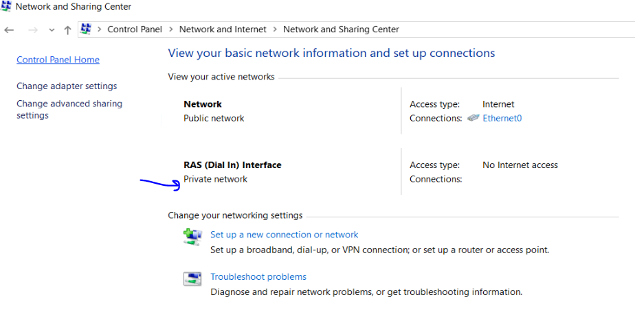 RAS interface must be changed to Private Profile-3