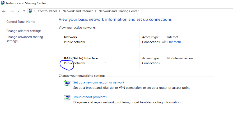 RAS interface must be changed to Private Profile